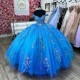 Beading Glitter Crystal Ball Gown Blue Quinceanera Dresses Off The Shoulder Applique Lace Tull Corset Vestidos De 15 Anos