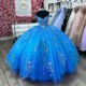 Beading Glitter Crystal Ball Gown Blue Quinceanera Dresses Off The Shoulder Applique Lace Tull Corset Vestidos De 15 Anos