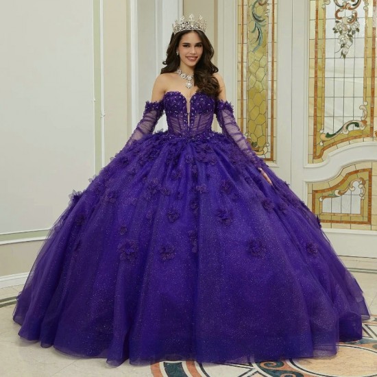 Beading Purple Shiny Quinceanera Dress 2024 Ball Gown Off The Shoulder Flowers Tull Corset Sweet 16 Vestido De 15 Anos