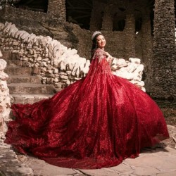 Beading Red Shiny Ball Gown Quinceanera Dresses Applique Lace Tull With Cape Vestidos De 15 Anos XV Brithday Sweet 16 Dress