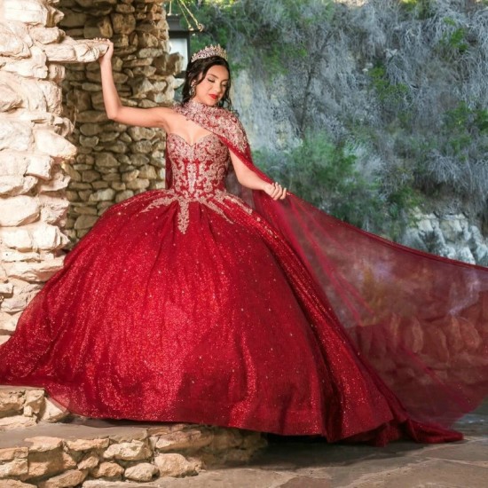 Beading Red Shiny Ball Gown Quinceanera Dresses Applique Lace Tull With Cape Vestidos De 15 Anos XV Brithday Sweet 16 Dress