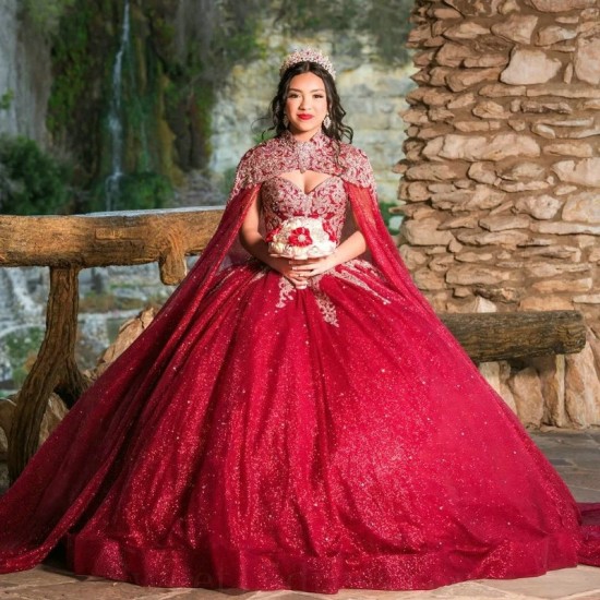 Beading Red Shiny Ball Gown Quinceanera Dresses Applique Lace Tull With Cape Vestidos De 15 Anos XV Brithday Sweet 16 Dress