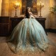 Beading Sage Green Shiny Quinceanera Dress Ball Gown Gold Lace Applique With Cape Mexican Sweet 16 Vestidos De 15 Anos