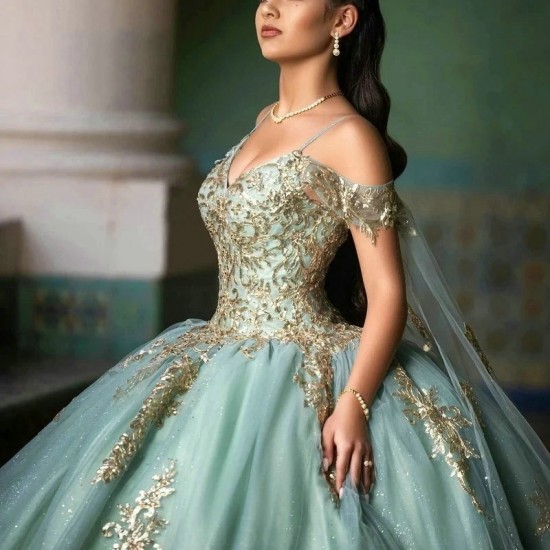 Beading Sage Green Shiny Quinceanera Dress Ball Gown Gold Lace Applique With Cape Mexican Sweet 16 Vestidos De 15 Anos