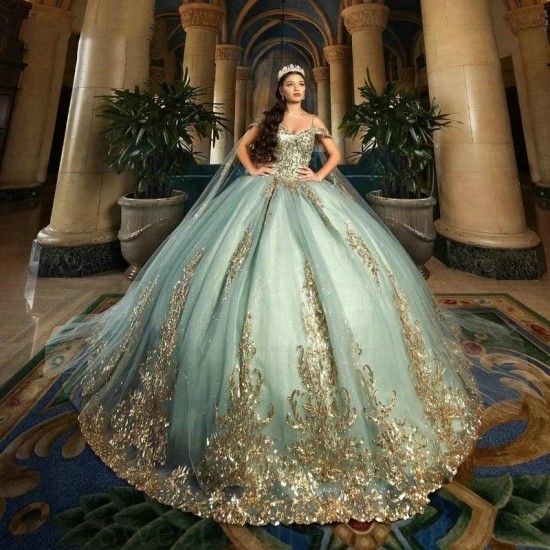 Beading Sage Green Shiny Quinceanera Dress Ball Gown Gold Lace Applique With Cape Mexican Sweet 16 Vestidos De 15 Anos