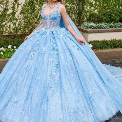 Beading Sky Blue Shiny Princess Quinceanera Dress Ball Gown Lace Applique Corset With Cape Sweet 16 Vestido 15 De Anos