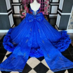 Beads Blue Quinceanera Dresses Lace Bow Tull Tiered Off The Shoulder Girls Birthday Party Prom Gowns Princess 16 Vestidos De 15