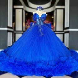 Beads Blue Quinceanera Dresses Lace Bow Tull Tiered Off The Shoulder Girls Birthday Party Prom Gowns Princess 16 Vestidos De 15