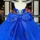 Beads Blue Quinceanera Dresses Lace Bow Tull Tiered Off The Shoulder Girls Birthday Party Prom Gowns Princess 16 Vestidos De 15