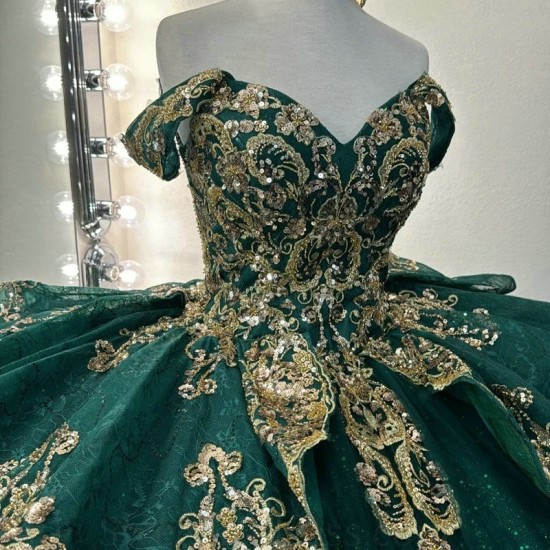 Beads Emerald Green Quinceanera Dress Ball Gown Gold Lace Applique Birthday Party Corset Sweet 16 Vestidos De 15 Anos