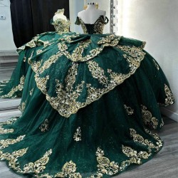 Beads Emerald Green Quinceanera Dress Ball Gown Gold Lace Applique Birthday Party Corset Sweet 16 Vestidos De 15 Anos