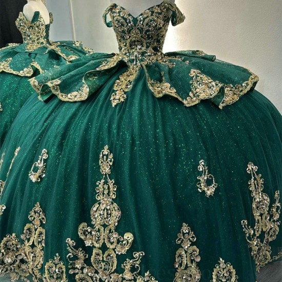 Beads Emerald Green Quinceanera Dress Ball Gown Gold Lace Applique Birthday Party Corset Sweet 16 Vestidos De 15 Anos