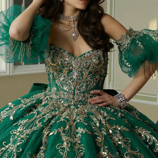 Beads Emerald Green Shiny Quinceanera Dress Ball Gown Gold Lace Applique Tull Corset Sweet 16 Vestidos De 15 Anos