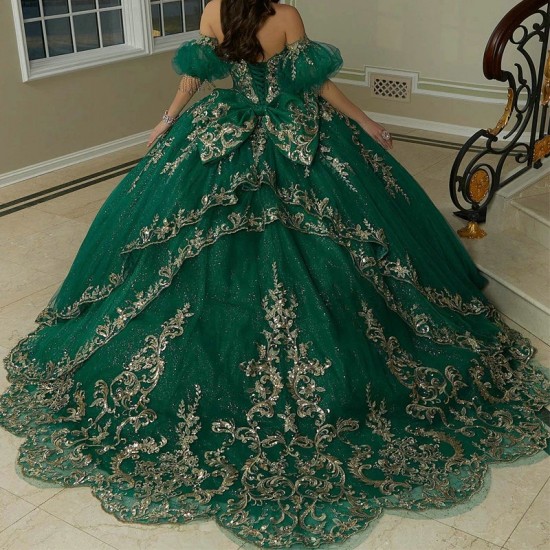 Beads Emerald Green Shiny Quinceanera Dress Ball Gown Gold Lace Applique Tull Corset Sweet 16 Vestidos De 15 Anos