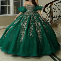 Beads Emerald Green Shiny Quinceanera Dress Ball Gown Gold Lace Applique Tull Corset Sweet 16 Vestidos De 15 Anos