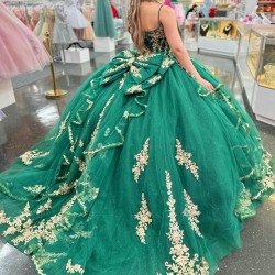 Beads Green Shiny Ball Gown Quinceanera Dresses Gold Appliques Lace Tull Bridal Gown Party Bride Dresses Vestidos 15 De Novia