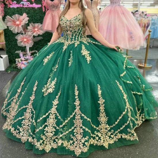 Beads Green Shiny Ball Gown Quinceanera Dresses Gold Appliques Lace Tull Bridal Gown Party Bride Dresses Vestidos 15 De Novia