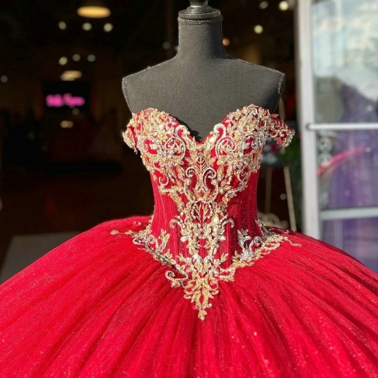 Beads Red Shiny Quinceanera Dress Gold Lace Applique Tull Lace Up Sweet 16 Vestidos 15 De XV Anos Party Birthday Ball Gown