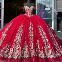 Beads Red Shiny Quinceanera Dress Gold Lace Applique Tull Lace Up Sweet 16 Vestidos 15 De XV Anos Party Birthday Ball Gown