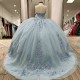 Beads Sky Blue Glitter Quinceanera Dresses Off The Shoulder Princess Applique Lace Tull Sweet 16 Dress vestidos de 15 quinceane