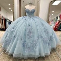 Beads Sky Blue Glitter Quinceanera Dresses Off The Shoulder Princess Applique Lace Tull Sweet 16 Dress vestidos de 15 quinceane