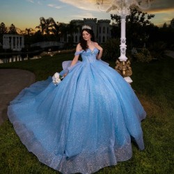 Beads Sky Blue Shiny Ball Gown Quinceanera Dress Crystal Tulle Princess Sweet 16 Vestido De XV Anos Brithday Party Gown