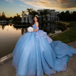 Beads Sky Blue Shiny Ball Gown Quinceanera Dress Crystal Tulle Princess Sweet 16 Vestido De XV Anos Brithday Party Gown