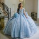 Beads Sky Blue Shiny Quinceanera Dress Party Gown Applique Lace Tull Princess Off The Shoulder 16 Year Vestidos 15 De XV