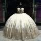 Beige Ball Gown Quinceanera Dresses Off The Shoulder Sequined Appliques Lace Beads Tull Ruffles Corset Vestidos De 15 Anos