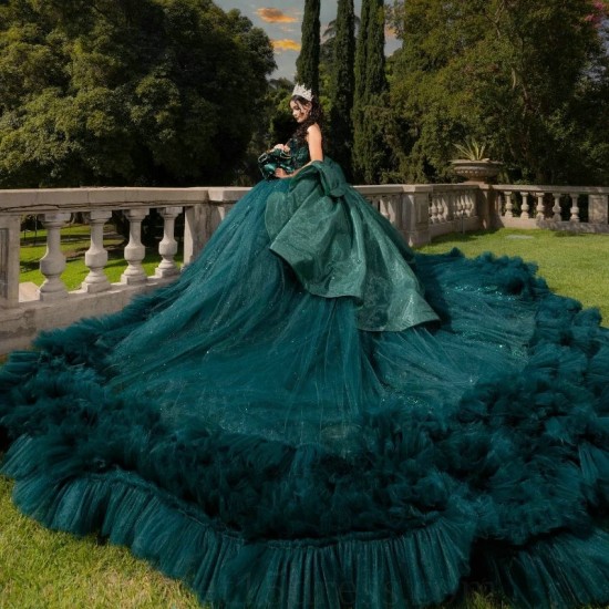 Blackish Green Ball Gown Quinceanera Dress Ruffle Beads Lace Princess Mexico Sweet 16 Dress 15 Birthday Vestidos De XV Anos Miss