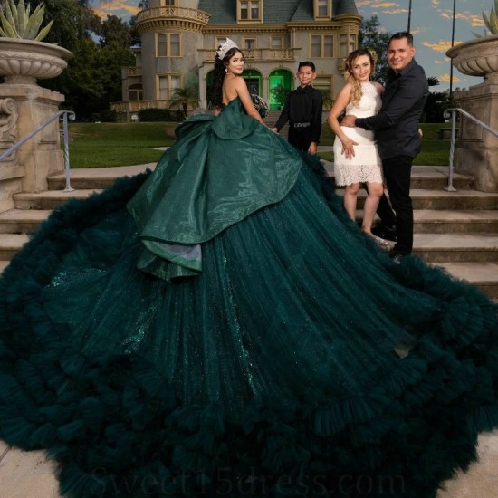 Blackish Green Ball Gown Quinceanera Dress Ruffle Beads Lace Princess Mexico Sweet 16 Dress 15 Birthday Vestidos De XV Anos Miss