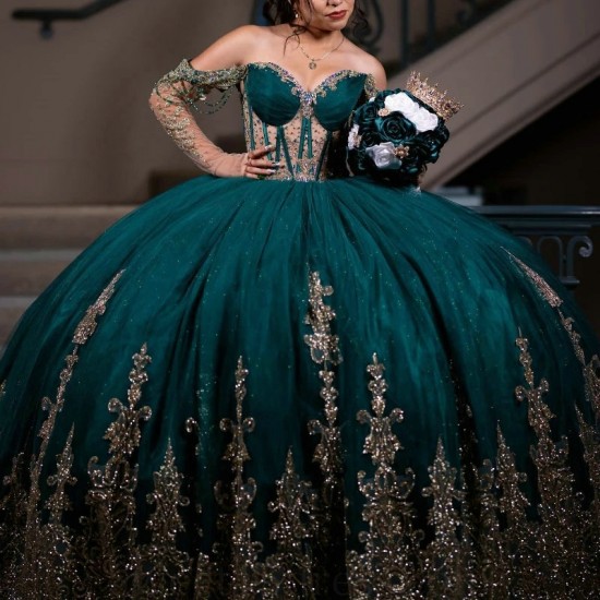 Blackish Green Sequined Appliques Cinnamon Quinceanera Dress Ball Gown Off The Shoulder Birthday Dress Lace Up quinceanera de 15