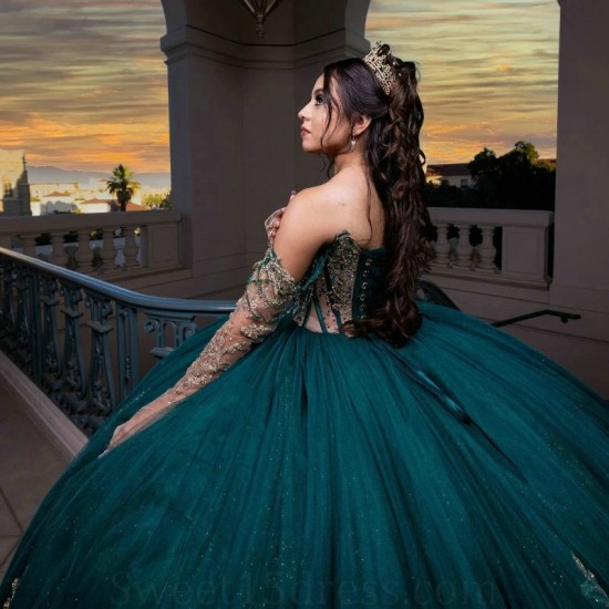 Blackish Green Sequined Appliques Cinnamon Quinceanera Dress Ball Gown Off The Shoulder Birthday Dress Lace Up quinceanera de 15