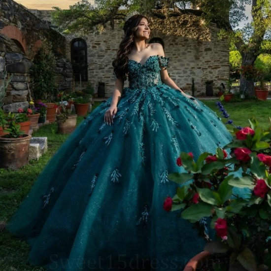 Blackish Green Shiny Quinceanera Dress For Sweet 16 Girl Applique Lace Sequined Beaded Tull Party Prom Dress vestidos de 15 anos