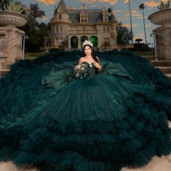 Blackish Green Sweetheart Ball Gown Quinceanera Dress Beaded Crystal Tull Tiered Birthday Party Gowns Sweet 16 15 Robe De Ball