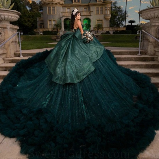 Blackish Green Sweetheart Ball Gown Quinceanera Dress Beaded Crystal Tull Tiered Birthday Party Gowns Sweet 16 15 Robe De Ball