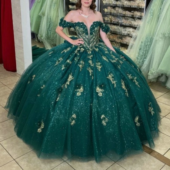 Blackish Green Sweetheart Dress Quinceanera Dress Party Gown Princess Off The Shoulder Lace Appliques Sweet 16 Vestidos De 15