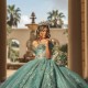 Charming Aqua Blue Shiny Princess Ball Gown Quinceanera Dress Classic Appliqué Lace Beads Tull Sweet 16 Dress Vestidos De 15Anos