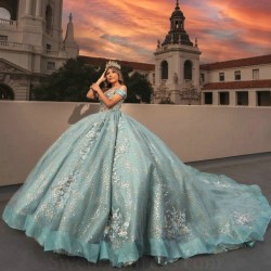 Charming Aqua Blue Shiny Princess Ball Gown Quinceanera Dress Classic Appliqué Lace Beads Tull Sweet 16 Dress Vestidos De 15Anos