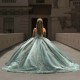 Charming Aqua Blue Shiny Princess Ball Gown Quinceanera Dress Classic Appliqué Lace Beads Tull Sweet 16 Dress Vestidos De 15Anos