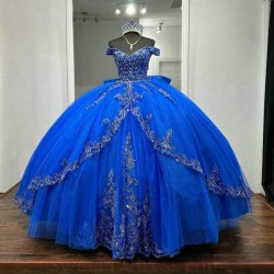 Charming Blue Princess Quinceanera Dresses Off Shoulder Appliques Beads Tull Corset Up Ball Gown Sweet 16 Birthday Vestido 15 De