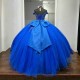 Charming Blue Princess Quinceanera Dresses Off Shoulder Appliques Beads Tull Corset Up Ball Gown Sweet 16 Birthday Vestido 15 De