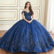 Charming Navy Blue Shiny Princess Ball Gown Quinceanera Dress 3D Flower Appliqué Lace Beads Sequin Sweet 16 Dress Vestidos 15