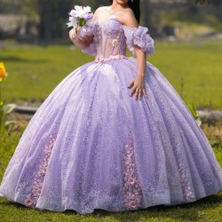 Crystal Lilac Sparkly Quinceanera Dresses 2024 Luxury Party Beading Lace Appliques Tull Sweet 15 Dress Graduation Ball Gwon