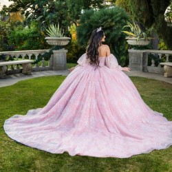 Crystal Pink Glitter Sequined Quinceanera Dresses Ball Gown Off The Shoulder Beading Tull Corset Vestidos 15 De XV Anos Sweet 16