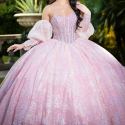 Crystal Pink Glitter Sequined Quinceanera Dresses Ball Gown Off The Shoulder Beading Tull Corset Vestidos 15 De XV Anos Sweet 16