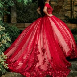 Crystal Red Glitter Sequined Quinceanera Dresses Ball Gown Off The Shoulder Applique Lace Beading Tull Corset Vestidos De XV Anos