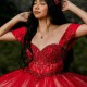 Crystal Red Glitter Sequined Quinceanera Dresses Ball Gown Off The Shoulder Applique Lace Beading Tull Corset Vestidos De XV Anos