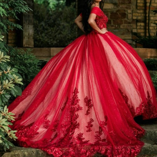 Crystal Red Glitter Sequined Quinceanera Dresses Ball Gown Off The Shoulder Applique Lace Beading Tull Corset Vestidos De XV Anos