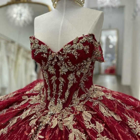 Crystal Red Shiny Quinceanera Dresses 2024 Applique Flower Beads Tull Princess Sweet 16 Year Birthday Party Gown Vestidos De 15